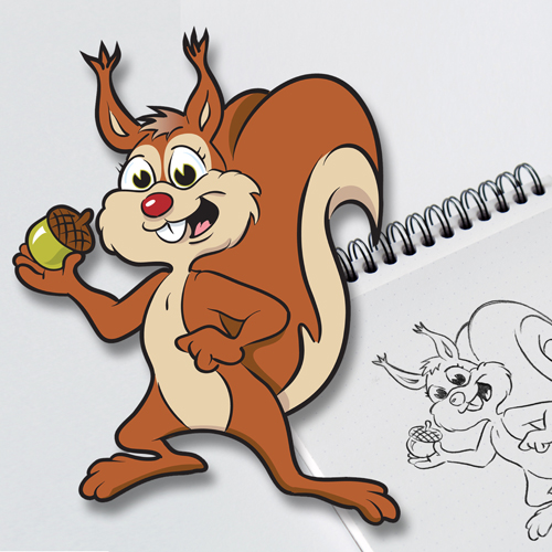 Squirrel character illustration with pencil sketch - Gallery Image
